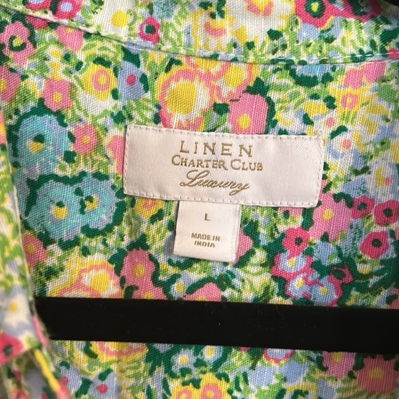 CHARTER CLUB Linen Floral-Print Tab-Sleeve Shirt size L - Picture 3 of 5